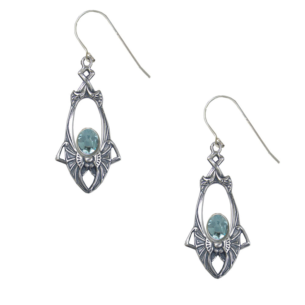 Sterling Silver Art Deco Drop Dangle Earrings With Faceted Blue Topaz